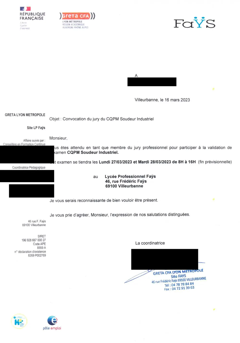 Convocation officielle comme membre du jury du CQPM Soudeur Industriel, GRETA CFA Lyon Métropole